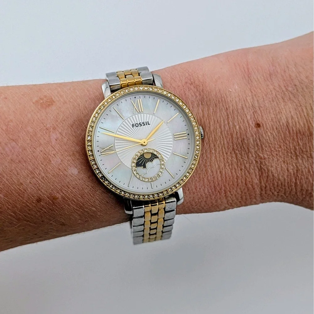 Fossil Jacqueline ES5166 Women's Watch Sun Moon MOP Dial Crystal Bezel Two-Tone